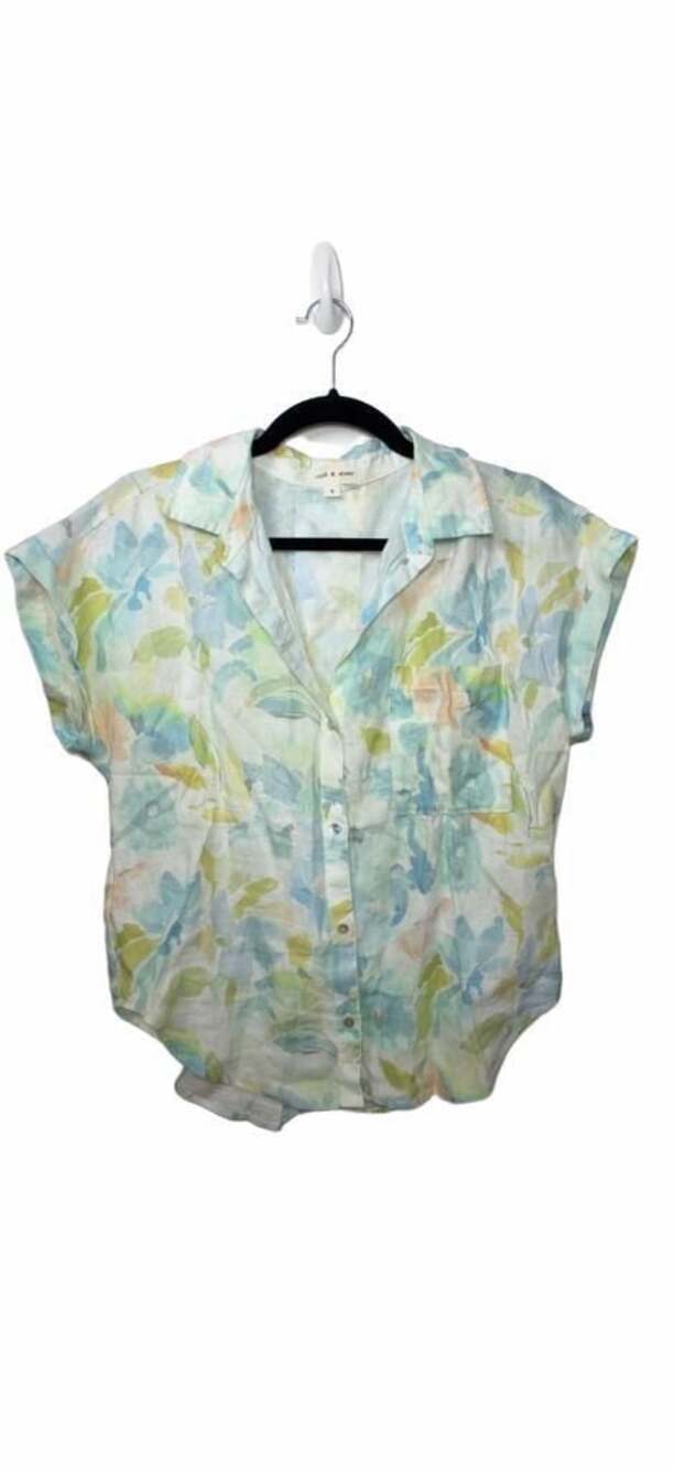 Cloth & Stone Pastel Watercolor Floral Short Sleeve Linen Button Up Top_84